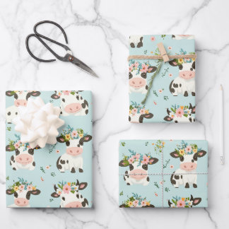 Schattigee Koe Flower Wreath Gift Wrap voor Evenem Inpakpapier Vel
