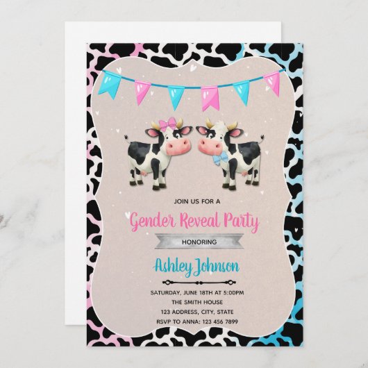 Schattigee koe genderonthulling uitnodiging (Voorkant / Achterkant)