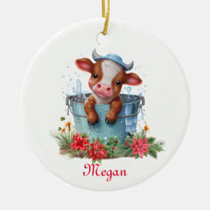 Schattigee Koe in een emmer kerst gepersonaliseerd Keramisch Ornament