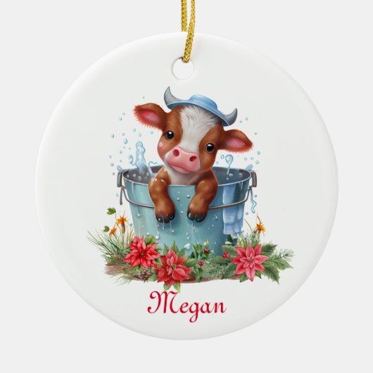 Schattigee Koe in een emmer kerst gepersonaliseerd Keramisch Ornament (Voorkant)