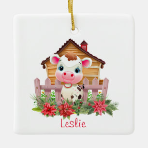 Schattigee Koe in een Schuur Kerst Gepersonaliseer Keramisch Ornament