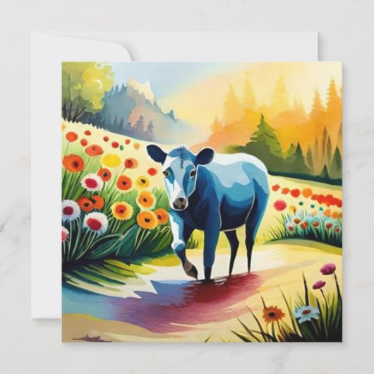 Schattigee koe in het bloemenveld kaart (Voorkant)