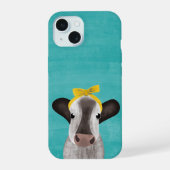 Schattigee Koe met Bow Turquoise Blue iPhone 15 Hoesje (Achterkant)