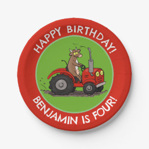 Schattigee koe paardrijtractor gepersonaliseerde v papieren bordje