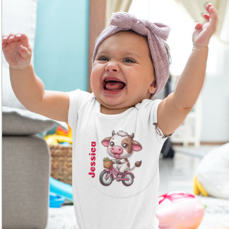 Schattigee Koe Riding Bike met Naam van Kind Kinder Shirts