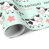 Schattigee Koe Star Kinder naam Groene Verjaardag Cadeaupapier (Rol Hoek)