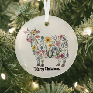 Schattigee Koe, Waterverf Wildflowers, Land, Bloem Glas Ornament