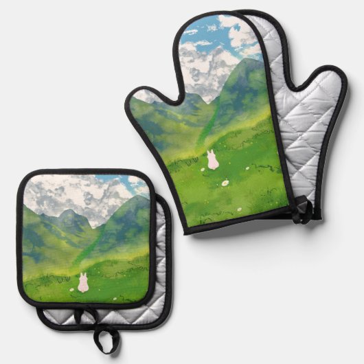 Schattigee konijn in Mountain Uitzicht Ovenwant & Pannenlap Set (Voorkant / Achterkant)