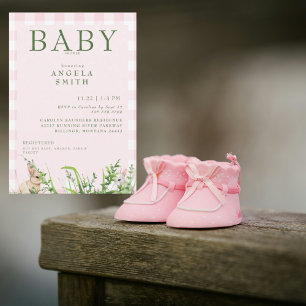 Schattigee konijnen Roze Gingham Baby Girl Shower  Kaart