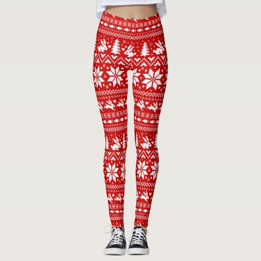 Schattigee konijntjes kerstpatroon rood en wit leggings (Voorkant)