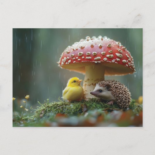 Schattigee kuiken en egel verbergen onder een padd briefkaart (Voorkant)