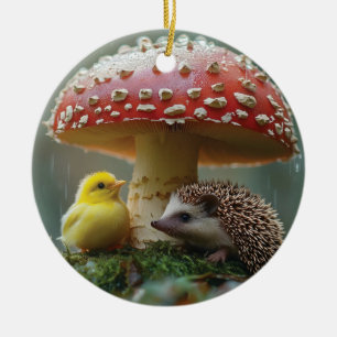 Schattigee kuiken en egel verbergen onder een padd keramisch ornament