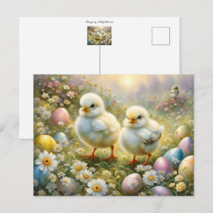 Schattigee kuikens in een weide met paaseieren,  briefkaart