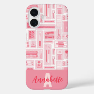 Schattigee kunst levert roze patroonmonogram iPhone 16 hoesje