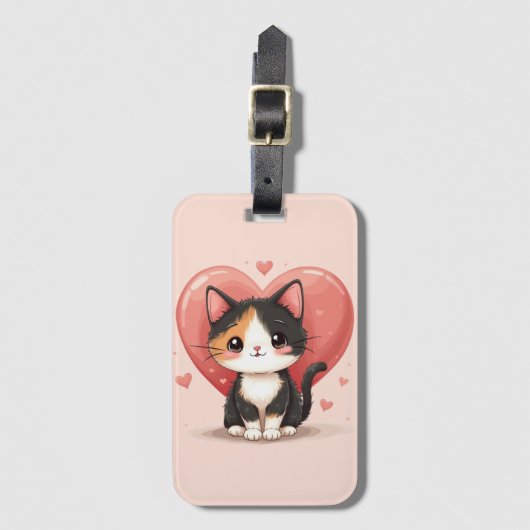 Schattigee kunst van Calico Cat Heart Kawaii Valen Bagagelabel (Voorkant (verticaal))