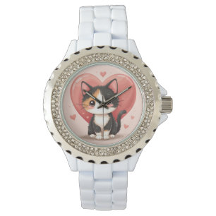 Schattigee kunst van Calico Cat Heart Kawaii Valen Horloge