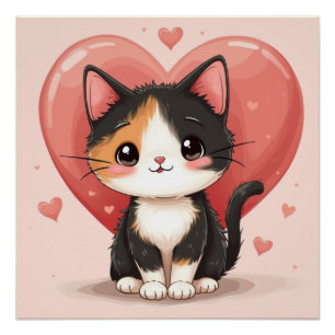 Schattigee kunst van Calico Cat Heart Kawaii Valen Perfect Poster