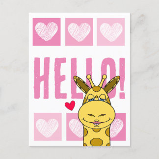 Schattigee lachende Giraffe Hallo met harten roze Briefkaart