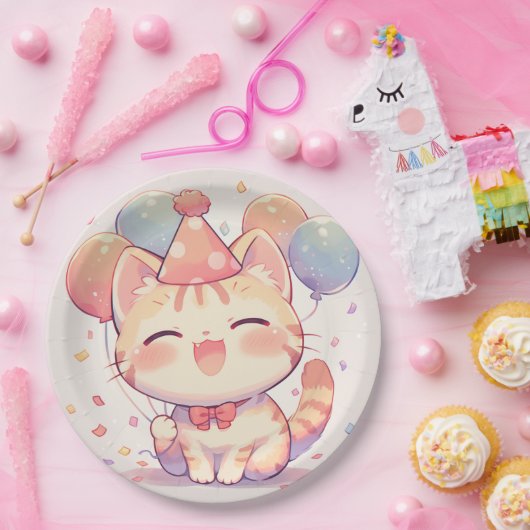 Schattigee lachende kat met ballonnen verjaardagsp papieren bordje (Feest)