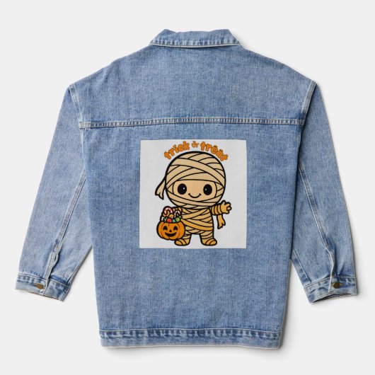 Schattigee Lachende Mummie Kind met Pompoen Snoep  Denim Jacket (Achterkant)