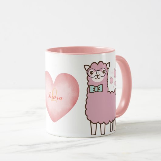 Schattigee lama met roze harten meisjesnaam Monogr Mok (Voorkant rechts)