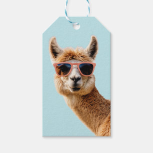 Schattigee lama met zonnebril op cadeaulabel
