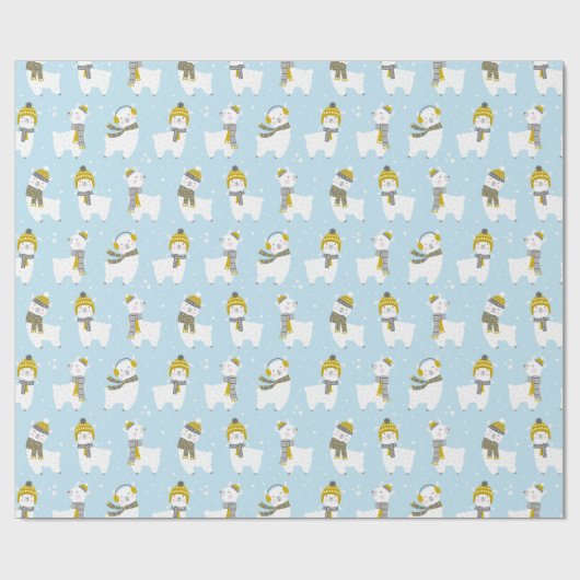 Schattigee lama's met petten en sjaals op lichtbla cadeaupapier (Vlak)