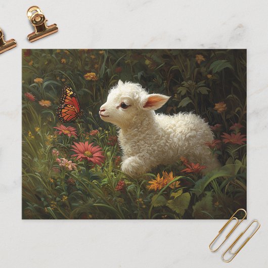 Schattigee Lamb en Butterfly Art Briefkaart