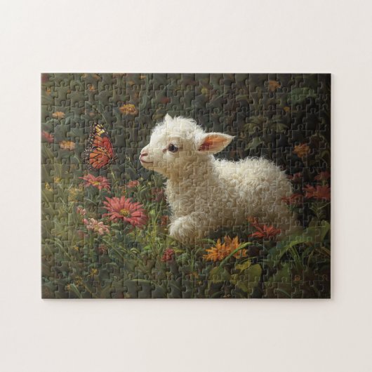 Schattigee Lamb en Butterfly Art Legpuzzel (Horizontaal)