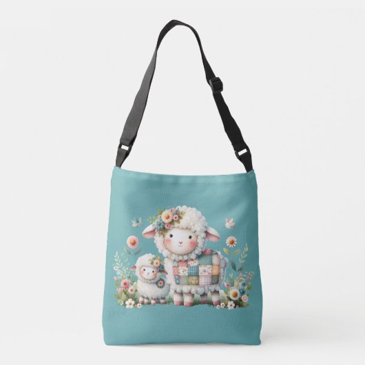 Schattigee lammeren met bloemen en patchwork accen crossbody tas (Achterkant)