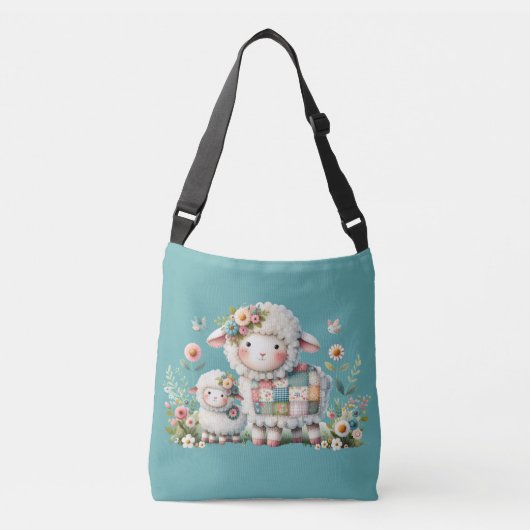 Schattigee lammeren met bloemen en patchwork accen crossbody tas (Voorkant)