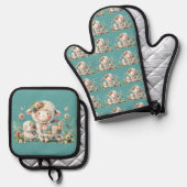 Schattigee lammeren met bloemen en patchwork accen ovenwant & pannenlap set (Voorkant / Achterkant)