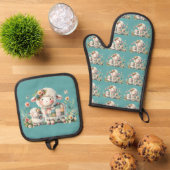Schattigee lammeren met bloemen en patchwork accen ovenwant & pannenlap set (Top down)