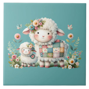 Schattigee lammeren met bloemen en patchwork accen tegeltje