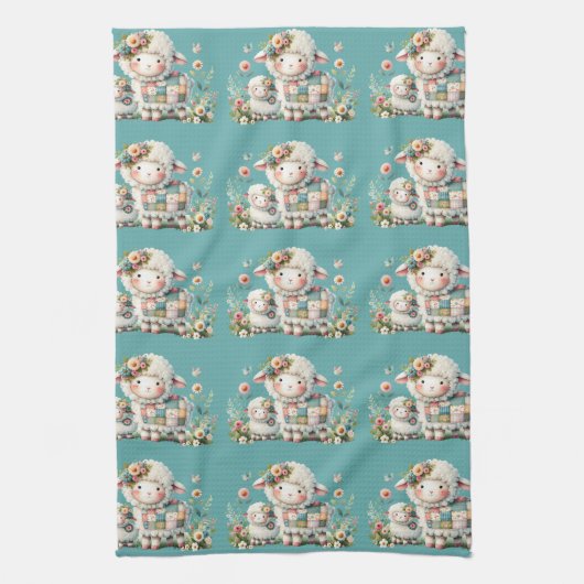 Schattigee lammeren met bloemen en patchwork accen theedoek (Verticaal)