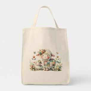 Schattigee lammeren met bloemen en patchwork accen tote bag