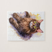Schattigee Lange Haired Tabby Cat Waterverf Illust Legpuzzel (Horizontaal)