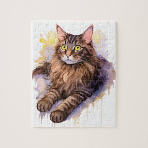 Schattigee Lange Haired Tabby Cat Waterverf Illust Legpuzzel