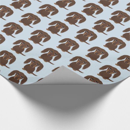 Schattigee langharige chocolade bruine teckel cadeaupapier (Hoek)