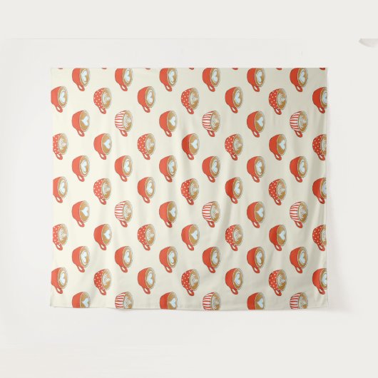 Schattigee Latte Art in Rode Koffiemokken Patroon Wandkleed (Voorkant (horizontaal))