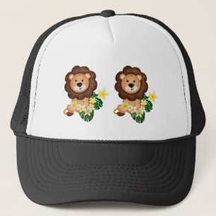 Schattigee leeuwenwelp met tropische bloemen trucker pet