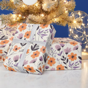 Schattigee lente Paarse en Oranje bloemenpatroon Cadeaupapier