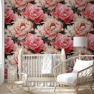 Schattigee levendige roze pioenrozen chique bloeme behang