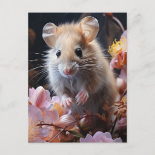 Schattigee Little Brown Mouse in de Pink Flowers Briefkaart