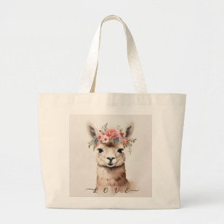 Schattigee Llama Alpaca en Flower zeggen Liefde Grote Tote Bag