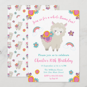 Schattigee Llama Bloemen Verjaardagsuitnodiging Kaart