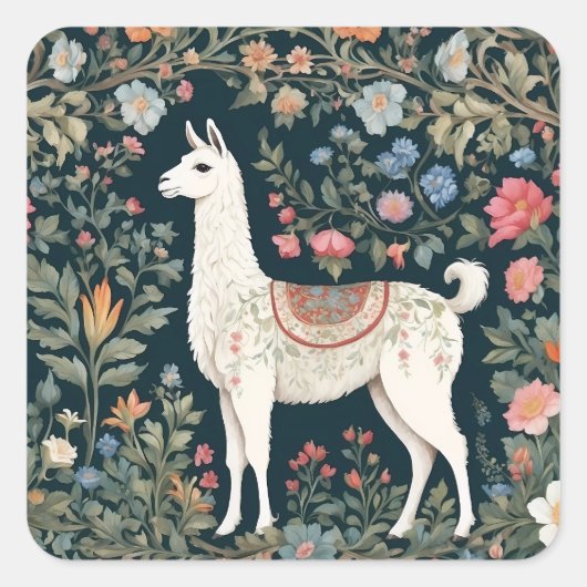 Schattigee Llama Elegante Bloemen Vierkante Sticker (Voorkant)