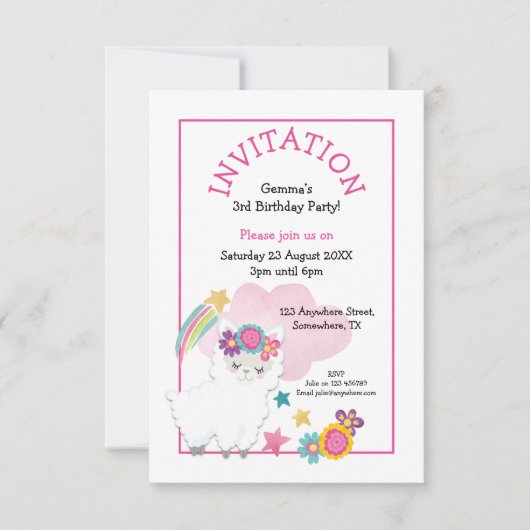 Schattigee Llama Jonge Kind Verjaardagsfeest Roze Kaart (Voorkant)
