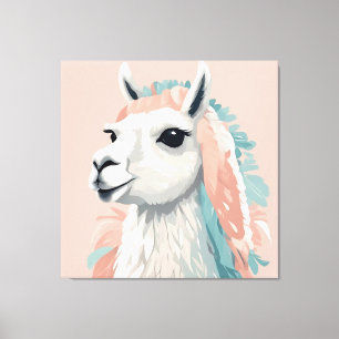Schattigee Llama met kleurrijke vacht op zijn hoof Canvas Afdruk