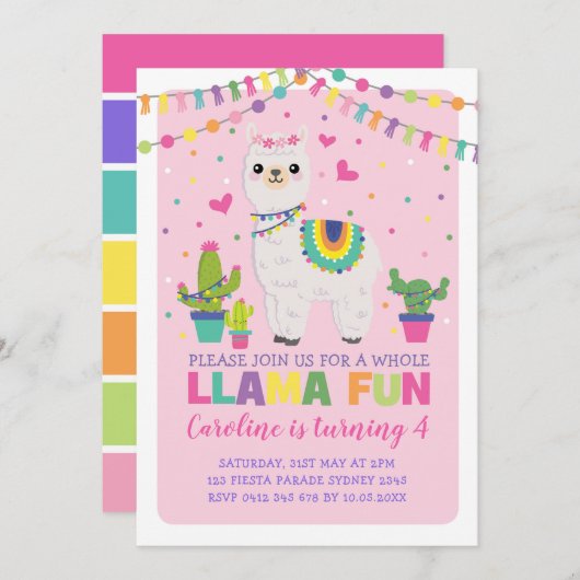 Schattigee Llama Verjaardagsfeest Girly Fiesta Alp Kaart (Voorkant / Achterkant)